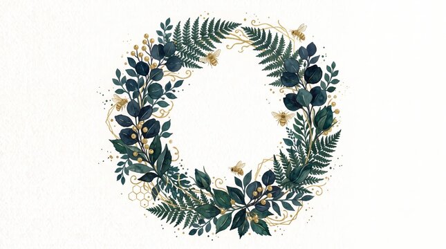 Elegant watercolor wedding geometric eucalyptus botanical frame with lush greenery leaves for invitations and greeting cards