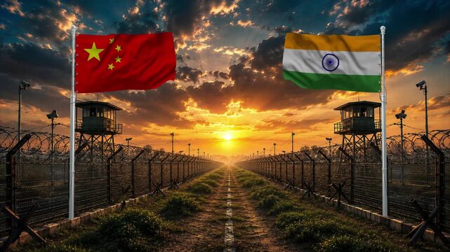 Sunset over border fence with flags of China and India. International border security scene at dusk.