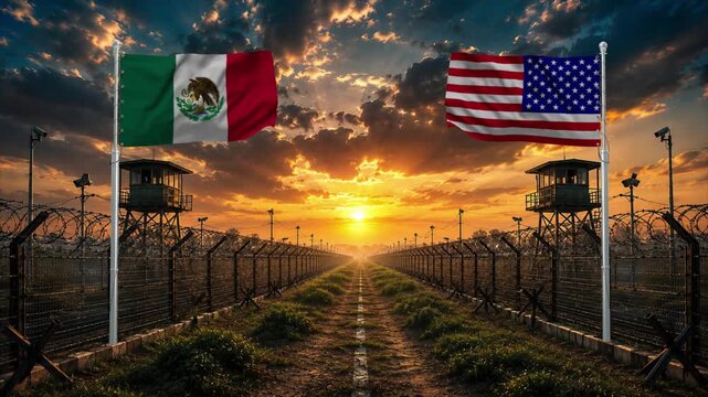American and Mexican flags waving at sunset. National symbols in a border setting.