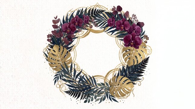 Elegant watercolor wedding invitation design featuring a geometric eucalyptus botanical frame with dark purple and gold foliage