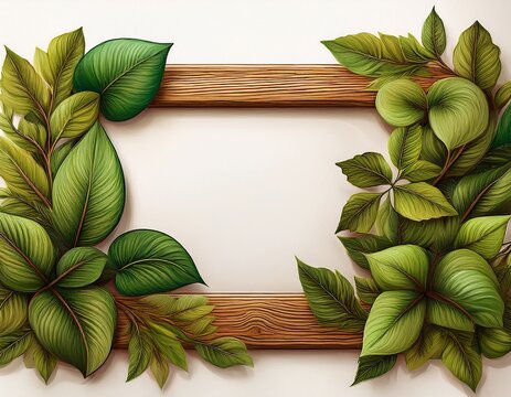 wood frame decorated with leaves white background