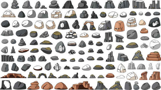 Cartoon rock stone boulder and cliff mountain game assets mega collection set isolated vector elements
