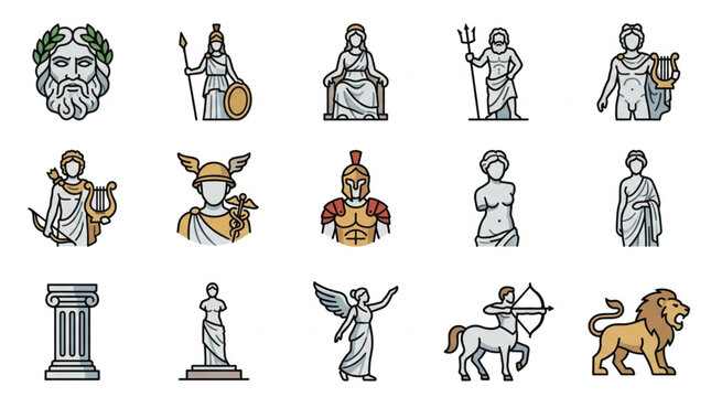 Collection of Ancient Greek and Roman Mythology Icons.
