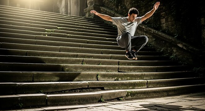 A young man jumping up a set of stone stairs with his arms outstretched in a dynamic and athletic pose.