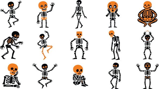 A comprehensive halloween vector bundle featuring various cute skeleton characters in different poses for festive holiday design project decorations
