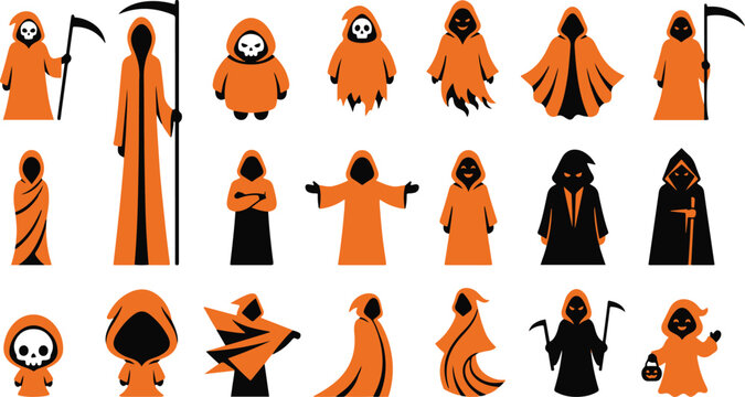 Set of cute cartoon grim reaper characters in orange and black robes for halloween holiday design elements