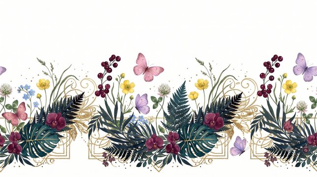 Elegant watercolor wedding invitation design featuring a geometric eucalyptus botanical frame with colorful spring flowers and butterflies
