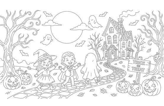 Trick or treat kids in costumes walking towards house halloween coloring page with dress