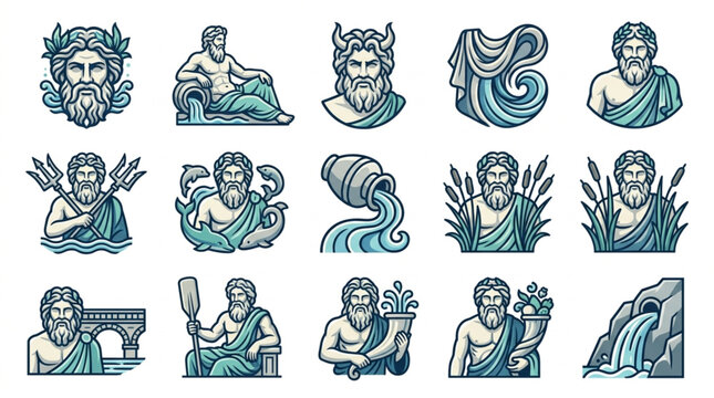 Collection of Ancient Greek God Illustrations in Blue.