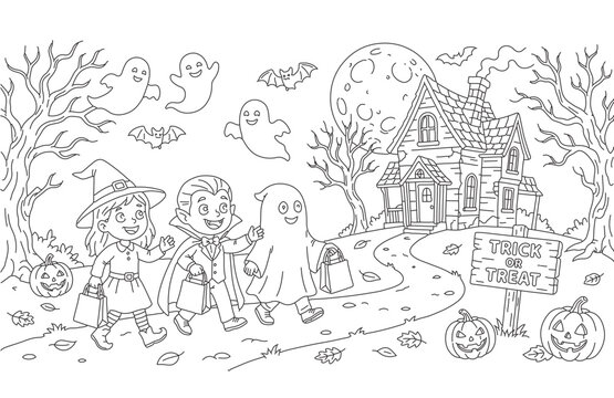 Festive halloween trick or treat coloring page for children featuring spooky characters, dress