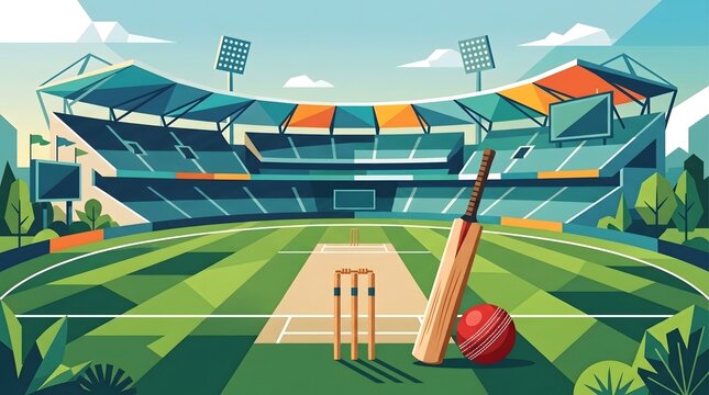 Modern cricket stadium vector landscape with equipment on foreground pitch.