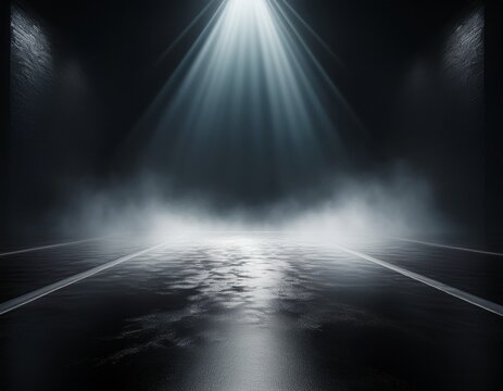 3d render abstract dark futuristic empty scene with searchlight beam wet asphalt ground smoke fog on black background dramatic industrial stage with copy space