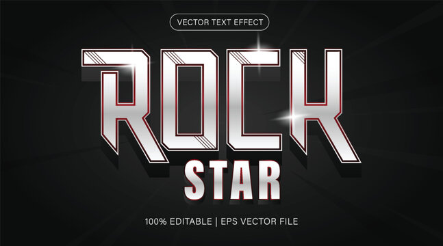 Metallic white and red 3D rock typography with sharp geometric letters, shadows and glowing highlights on dark background. Text reads Vector text effect , Rock Star and 100 editable EPS vector file 