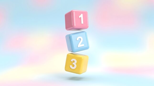 Pastel 3D number blocks 1 2 3 floating in air, colorful toy cubes for preschool education, nursery school learning concept on soft bokeh background
