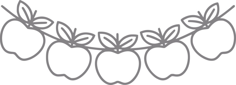 Guirnalda lineal simple de cinco manzanas con hojas sobre fondo blanco
