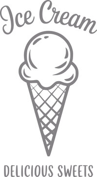 Cono de helado simple con texto "helado" y "dulces deliciosos"