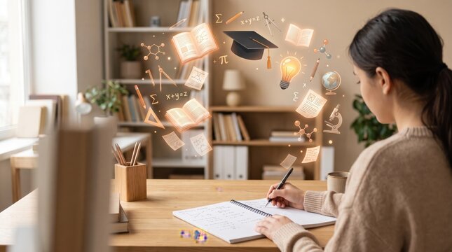 Girl studying at desk with floating educational icons, books, lightbulb, microscope, globe, graduation cap, learning concept, homework, exam preparation, online education, dista...