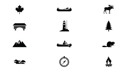 Icon set featuring wildlife adventure and exploration elements in minimalist black silhouette style with exploration themes against clean white background © Soma