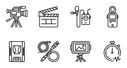 Fototapeta premium Film Production Icons Set: Camera, Clapperboard, Microphone, Lights, Stopwatch, Video Gear