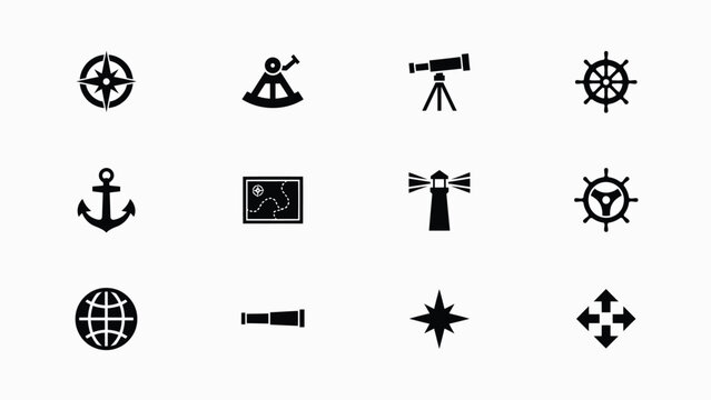 Premium bundle of minimalist navigation and exploration icon set for travel with minimalist black icons representing navigation tools showcases collection twelve high contrast