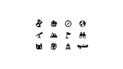 Minimalist black icons set with three four grid bold black silhouette icons representing classic outdoor adventure themes exploration tools modern © Soma