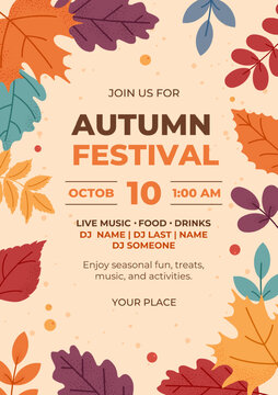Autumn Festival invitation Template with Colorful Botanical Leaves Berries and Seasonal Foliage Grain Texture Fall Celebration Poster, Cozy Seasonal Frame Flyer, Modern Hand Drawn Vector Illustration