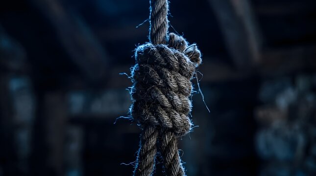 A detailed close up shot of a thick knotted rope hanging vertically against a dark and moody blurred industrial background setting
