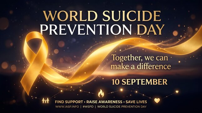 World suicide prevention day concept with a glowing yellow awareness ribbon and inspirational text on a dark bokeh background design