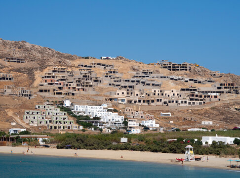 Suspended or abandoned hotel construction due to the crisis on Mykonos Island, Greece.