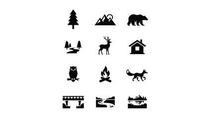 Obraz premium Minimalist black forest wildlife and adventure icon collection set with high contrast grid twelve stylized black silhouettes with animals natural landmarks