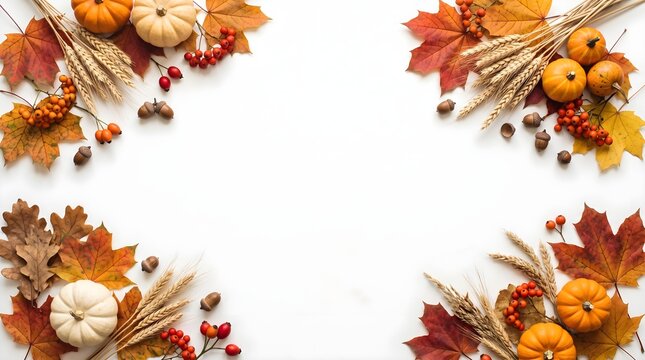 Festive autumn border frame made of colorful fall leaves pumpkins wheat and berries isolated on a clean white background top view