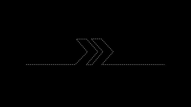 White Dotted Dash Line Chevron Arrow Moving Right Dynamic Vector Animation Seamless Loop Moving Visual Path Pointer Indicator for Modern UI Web Design Infographic on Dark Background