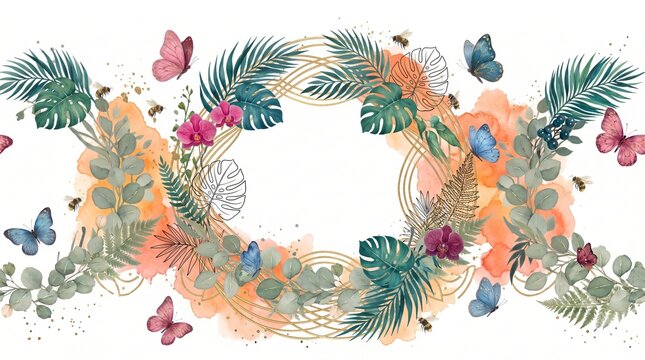 Elegant watercolor wedding invitation background featuring a geometric eucalyptus botanical frame with tropical leaves and colorful butterflies