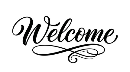 Elegant black welcome typography design with decorative flourishes isolated on a white background for greeting cards and wedding invitations © Ammbia
