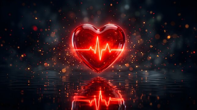 A glowing red heart shape with a vibrant pulse line reflection on a dark background representing love health and medicine