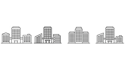 Fototapeta premium Group of four linear vector illustrations depicting various urban office building designs.
