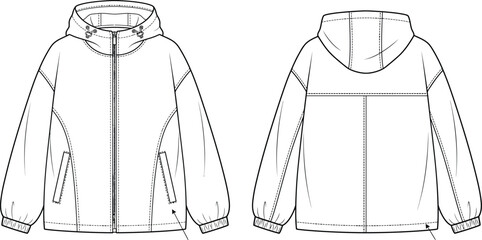 Technical fashion sketch of a casual hooded jacket with zipper closure and long sleeves for apparel design © MstMohasana