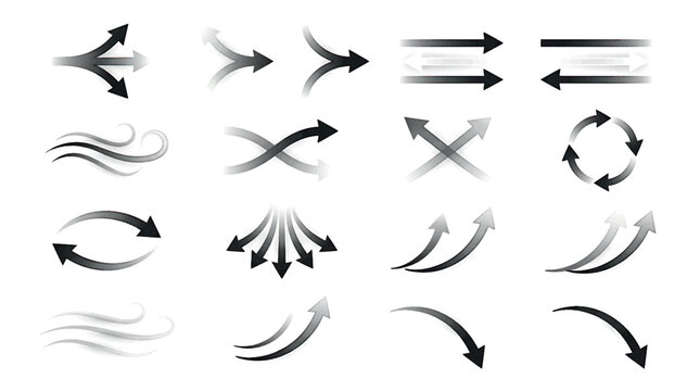 Set of hand-drawn directional arrows and movement path symbols with direction movement navigation collection pointing straight circular interface business creative abstract