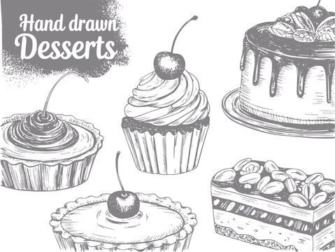 Dibujo a mano de varios postres deliciosos con cerezas y granos de caf&eacute;