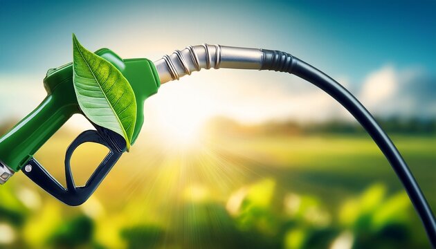 eco fuel nozzle with green leaf biofuel energy concept sustainable gasoline pump renewable clean fuel closeup