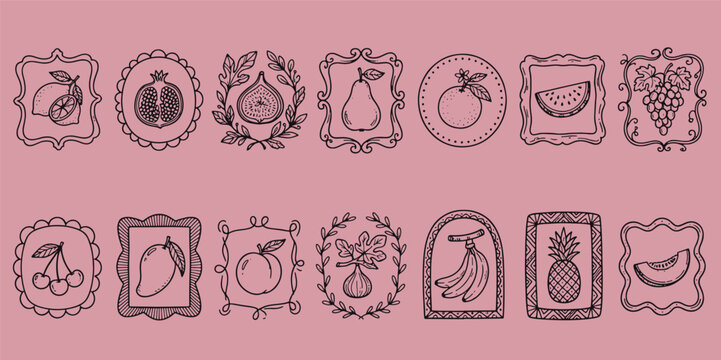 Ornate framed fruit illustration collection on pink background with illustration botanical pineapple pomegranate watermelon collection background decorative vegetarian culinary