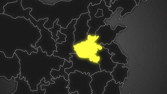 Animated glowing map of Henan, China, with a highlighted outline on a dark gray gradient background, ideal for geography, travel, news, and infographic projects.