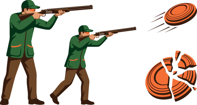 Clay Pigeon Shooting Vector Character Set Featuring Skeet Hunters Aiming Shotguns and Flying Orange Targets for Sports and Outdoor Activity Graphic Designs
