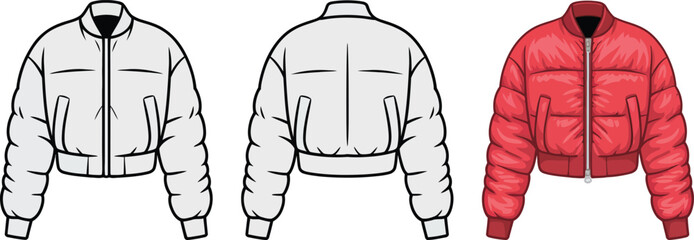 Technical fashion sketch of a cropped puffer jacket with front and back views in line art and red color © MstMohasana