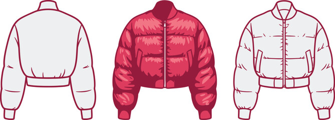 Fashion design technical sketch of a pink puffer jacket with front and back views for apparel production © MstMohasana