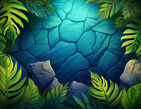 abstract stone background with tropical jungle leaves rainforest stone texture with exotic green foliage border bluish rock formations framed by lush tropical leaves