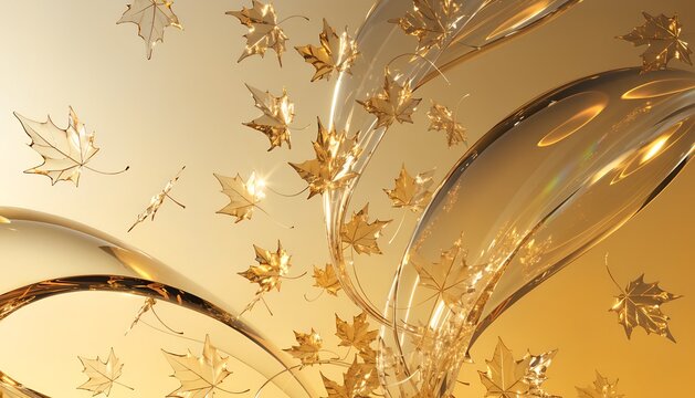 Golden Glass Leaf Cascade Luxury Early Autumn Transparent Crystal Background
