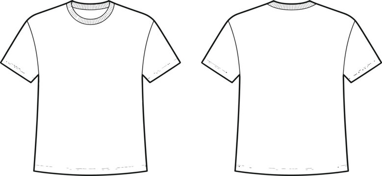 Front and back view of a plain white t shirt technical sketch for fashion design and apparel production