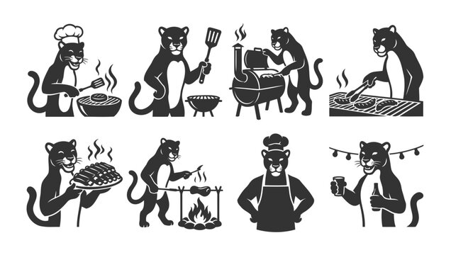 Panther chef collection grilling meat on charcoal barbecue outdoor cooking