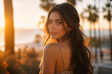 Fototapeta premium A young woman with long dark hair is posing outdoors during sunset on a beach or coastal area.